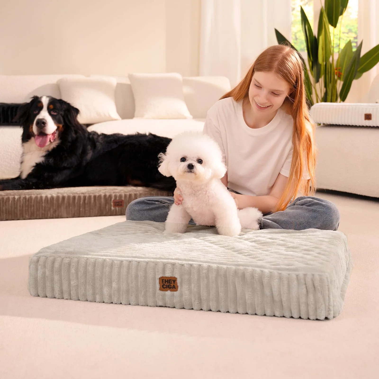 A large dog stretched out across an EHEYCIGA corduroy egg-crate bed.